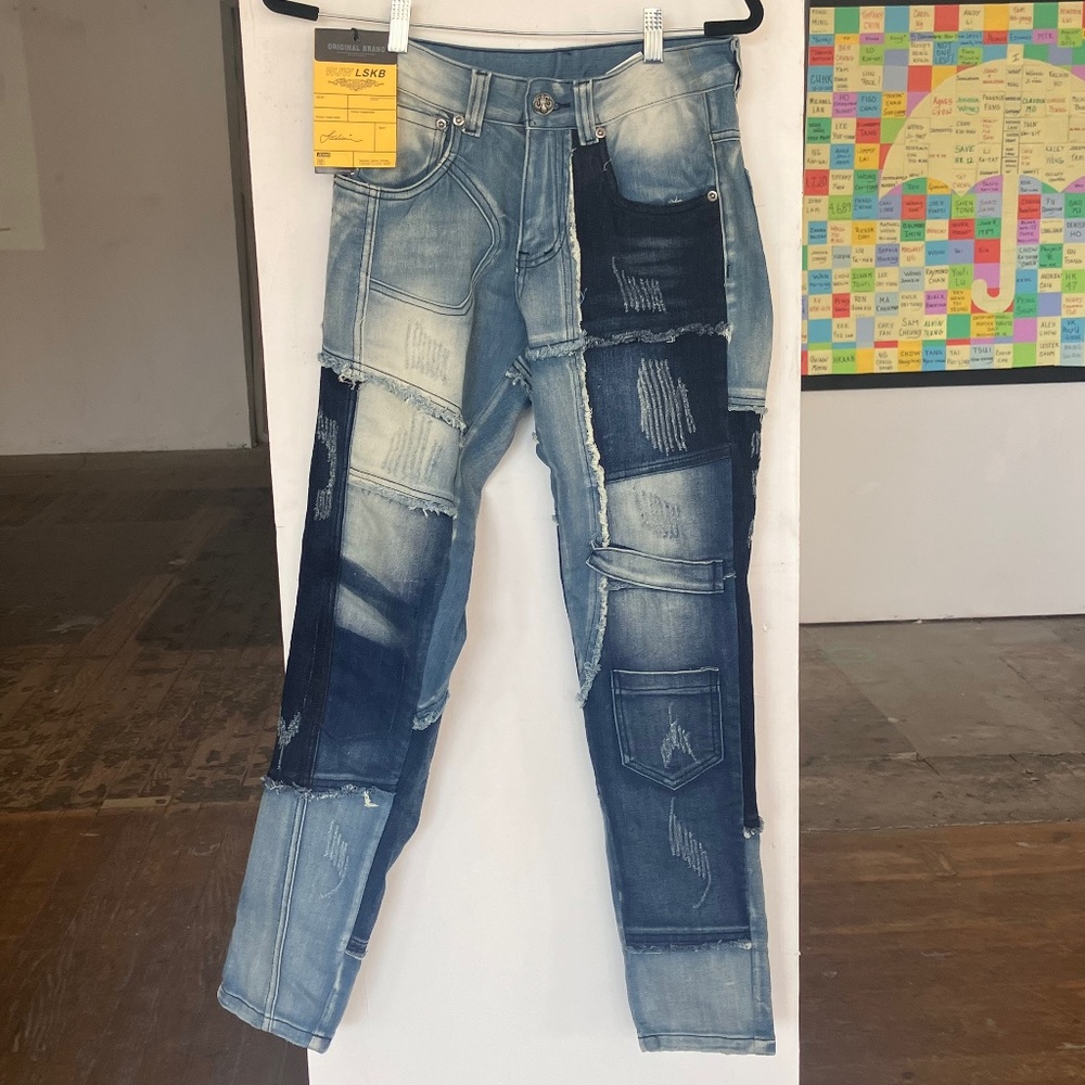Denim splice streetwear patchwork skinny unisex jeans